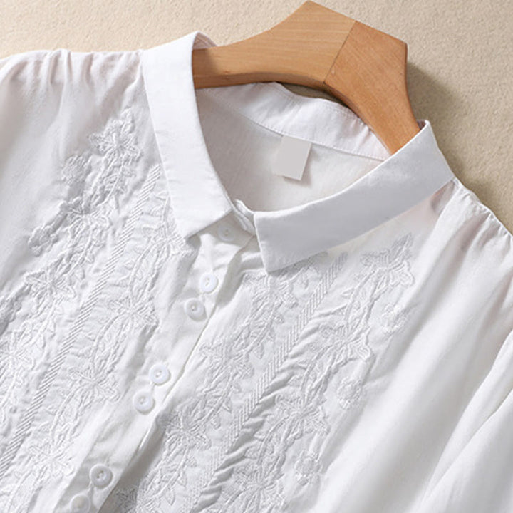 Buddha Stones夏 無地 ボタン 刺繍 花柄 七分袖 ラペル コットン リネン レディース シャツ - image 7