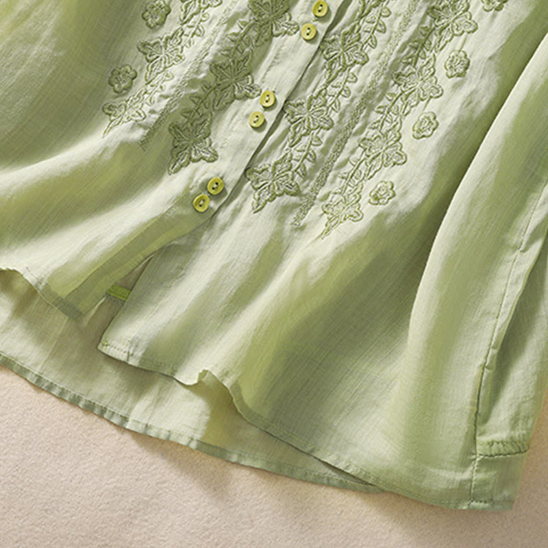 Buddha Stones夏 無地 ボタン 刺繍 花柄 七分袖 ラペル コットン リネン レディース シャツ - image 4