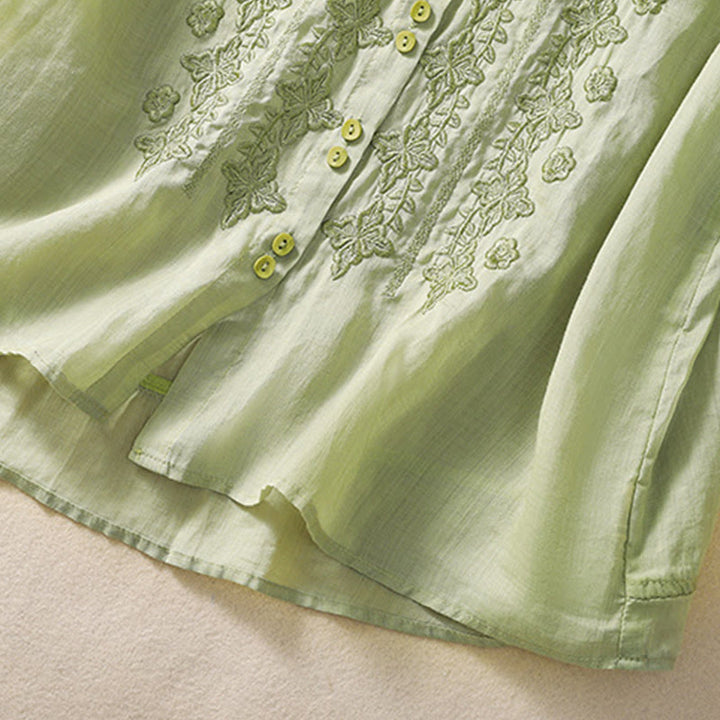 Buddha Stones夏 無地 ボタン 刺繍 花柄 七分袖 ラペル コットン リネン レディース シャツ - image 4