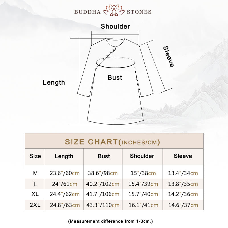 Buddha Stones、青い花、オレンジ色の葉、カエルボタンの七分袖コットンリネンシャツ - image 3