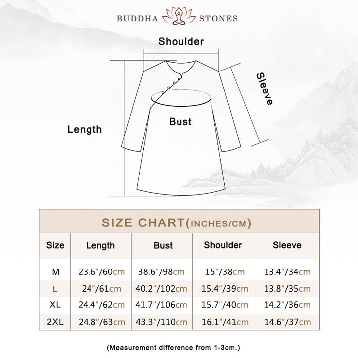 Buddha Stones、青い花、オレンジ色の葉、カエルボタンの七分袖コットンリネンシャツ - image 3