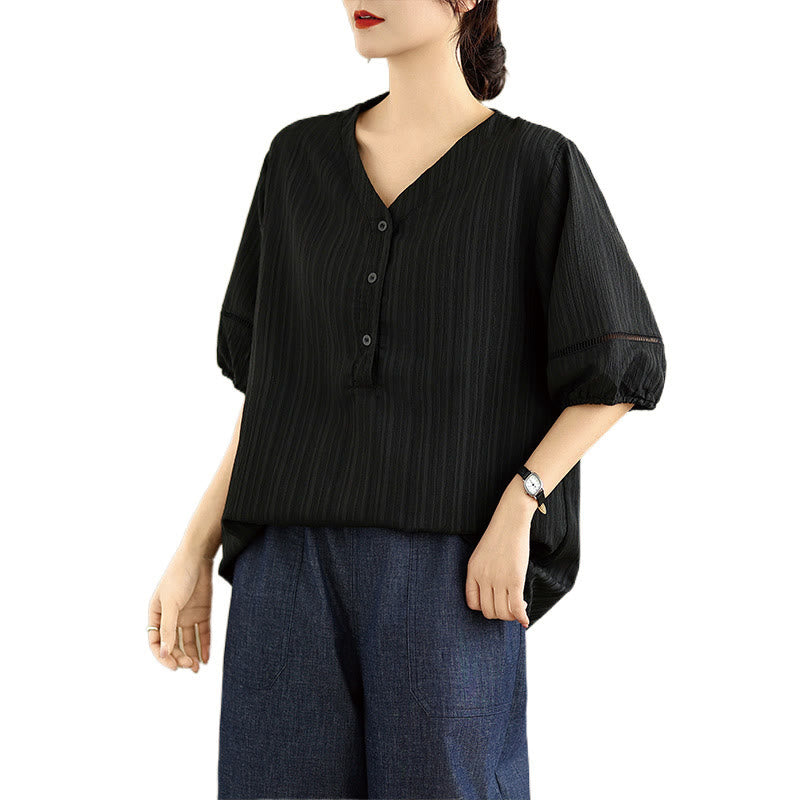 Buddha Stonesサマーカジュアル ピュア ハーフパフスリーブ ハーフボタン Vネック レディース Tシャツ
