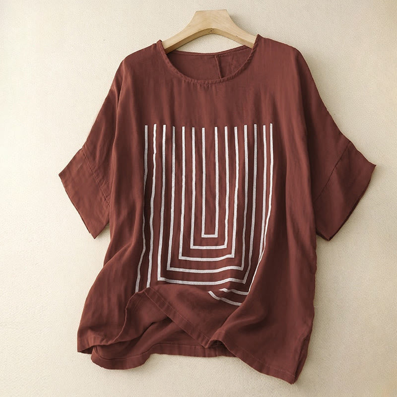 Buddha Stonesカジュアルラインプリント柄半袖コットンリネンレディースTシャツ - マルーン - US12、 UK/AU16、 EU44 (2XL) - image 7