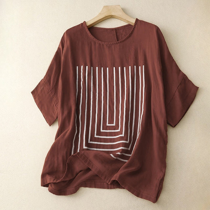 Buddha Stonesカジュアルラインプリント柄半袖コットンリネンレディースTシャツ - マルーン - US12、 UK/AU16、 EU44 (2XL) - image 7