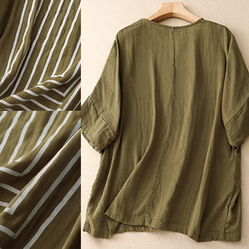 Buddha Stonesカジュアルラインプリント柄半袖コットンリネンレディースTシャツ - image 6