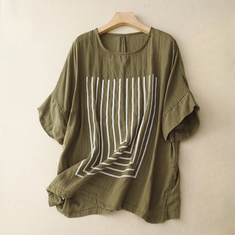 Buddha Stonesカジュアルラインプリント柄半袖コットンリネンレディースTシャツ - オリーブ - US12、 UK/AU16、 EU44 (2XL) - image 0