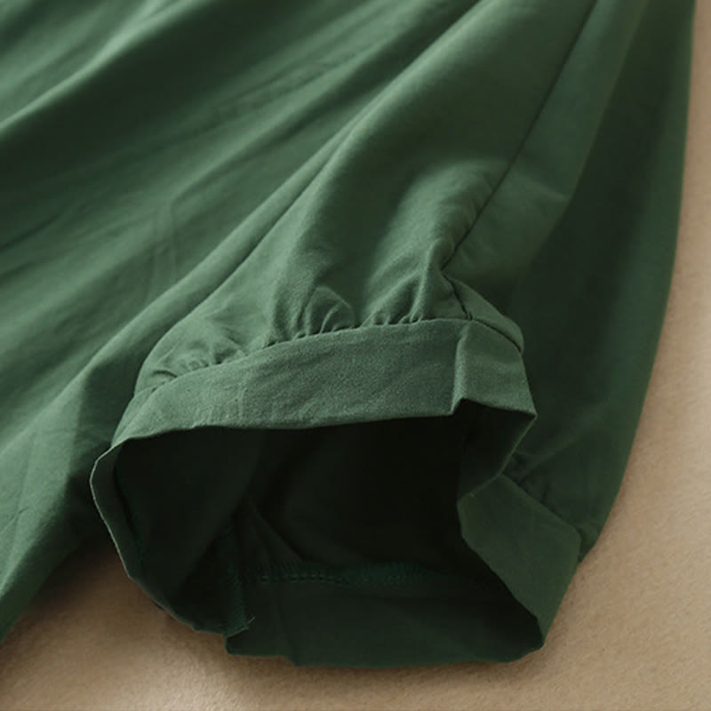 Buddha Stonesカジュアル ピュアカラーデザイン 半袖 Vネック コットン ミディドレス ポケット付き - image 1