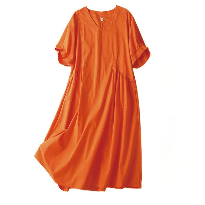 Buddha Stonesカジュアル ピュアカラーデザイン 半袖 Vネック コットン ミディドレス ポケット付き - image 8