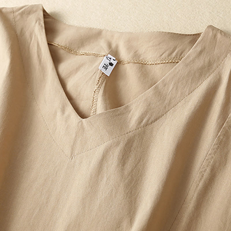 Buddha Stonesカジュアル ピュアカラーデザイン 半袖 Vネック コットン ミディドレス ポケット付き - image 12