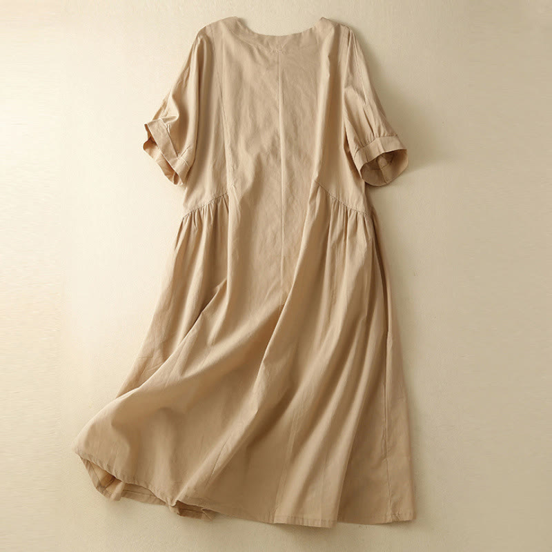 Buddha Stonesカジュアル ピュアカラーデザイン 半袖 Vネック コットン ミディドレス ポケット付き - image 10