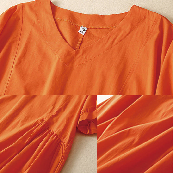 Buddha Stonesカジュアル ピュアカラーデザイン 半袖 Vネック コットン ミディドレス ポケット付き - image 7