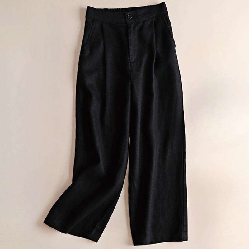 Buddha Stones通勤用 無地 ドローストリング 7-8丈 コットンリネン レディース ワイドレッグパンツ ポケット付き - 黒 - US12、 UK/AU16、 EU44 (3XL) - image 11