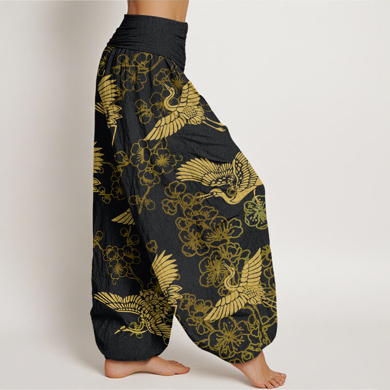 Buddha Stonesと鶴の花柄レディース伸縮性ウエストハーレムパンツ - image 3