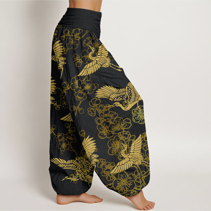 Buddha Stonesと鶴の花柄レディース伸縮性ウエストハーレムパンツ - image 3