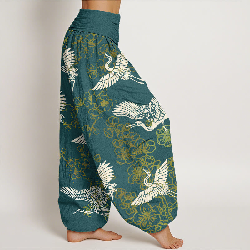 Buddha Stonesと鶴の花柄レディース伸縮性ウエストハーレムパンツ - image 7