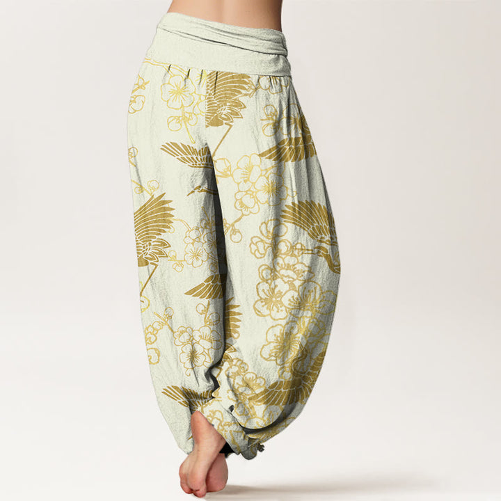 Buddha Stonesと鶴の花柄レディース伸縮性ウエストハーレムパンツ - image 9
