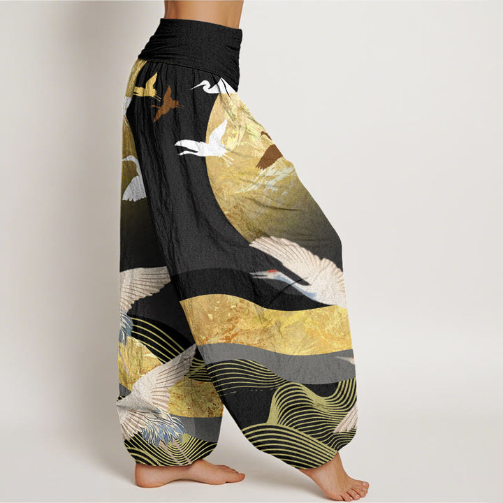 Buddha Stones、鶴、太陽、波模様、レディース、伸縮性ウエスト、ハーレムパンツ - image 3