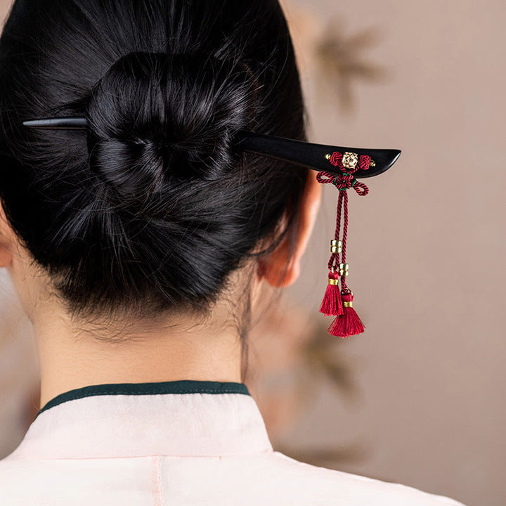 Buddha Stones黒檀 赤い紐 中国結び タッセル 保護 ヘアピン