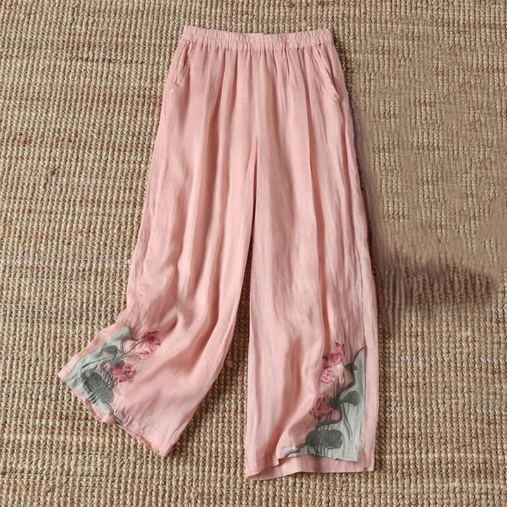 Buddha Stones夏 刺繍 蓮の花 蓮の葉柄 レディース ワイドレッグパンツ ポケット付き - ライトピンク - US14、 UK/AU18、 EU46 (4XL) - image 2