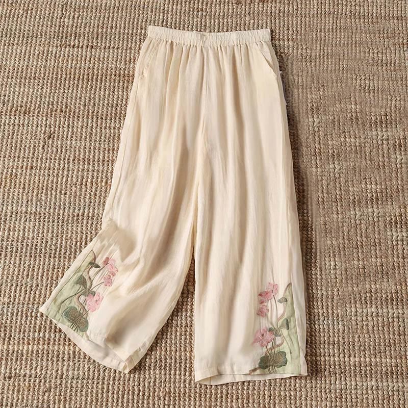 Buddha Stones夏 刺繍 蓮の花 蓮の葉柄 レディース ワイドレッグパンツ ポケット付き - 淡いゴールデンロッドイエロー - US14、 UK/AU18、 EU46 (4XL) - image 0