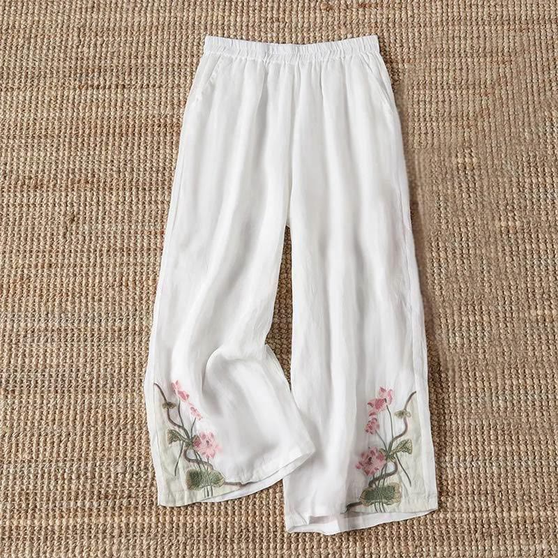 Buddha Stones夏 刺繍 蓮の花 蓮の葉柄 レディース ワイドレッグパンツ ポケット付き - 白 - US14、 UK/AU18、 EU46 (4XL) - image 1