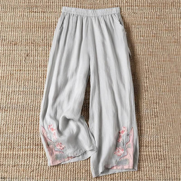 Buddha Stones夏 刺繍 蓮の花 蓮の葉柄 レディース ワイドレッグパンツ ポケット付き - 銀 - US14、 UK/AU18、 EU46 (4XL) - image 3