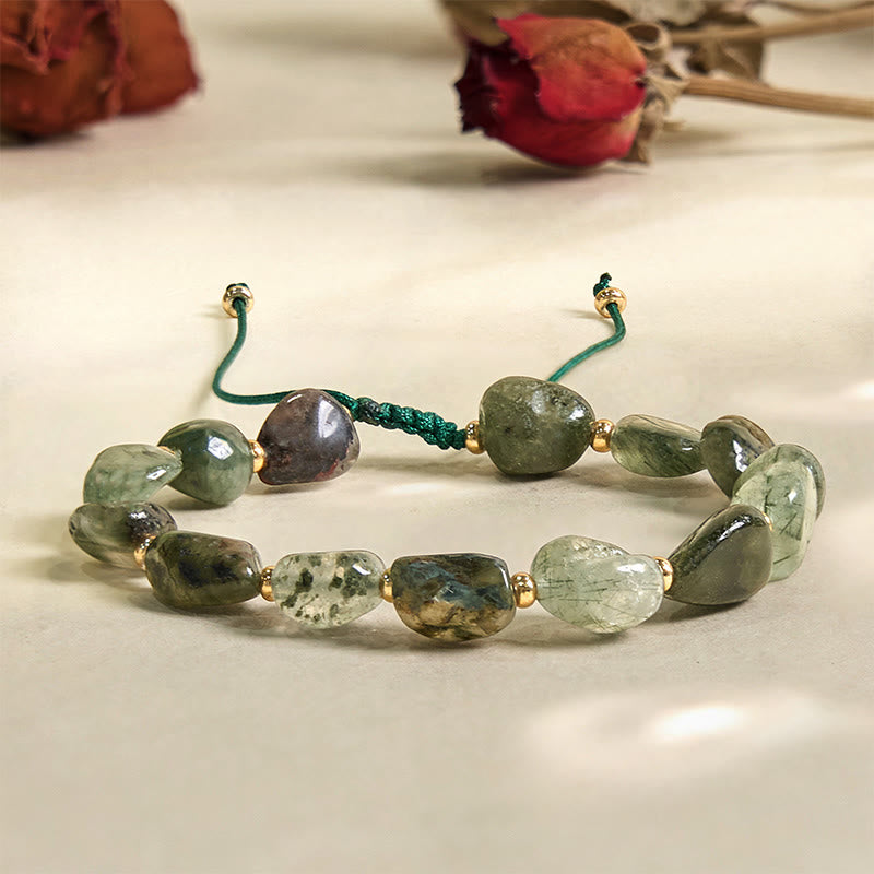Buddha Stonesグリーンルチルクォーツ 編み紐 守護ブレスレット
