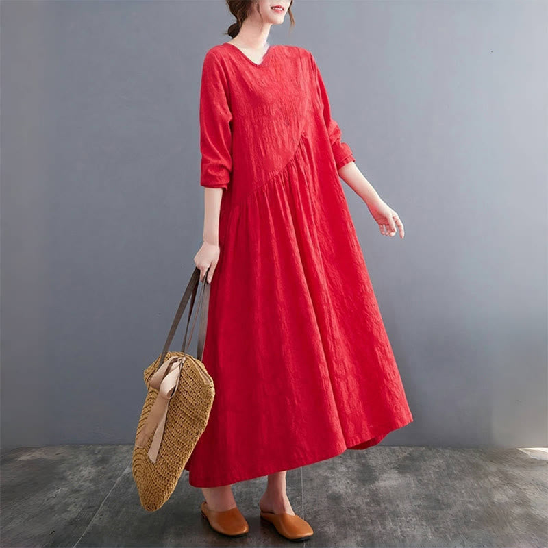 Buddha Stonesシンプル ジャカード柄 長袖 コットンリネン レディース ミディドレス ポケット付き - image 9