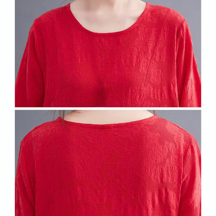 Buddha Stonesシンプル ジャカード柄 長袖 コットンリネン レディース ミディドレス ポケット付き - image 17