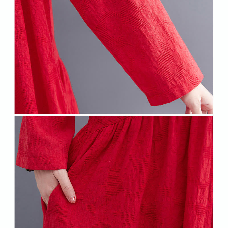 Buddha Stonesシンプル ジャカード柄 長袖 コットンリネン レディース ミディドレス ポケット付き - image 18