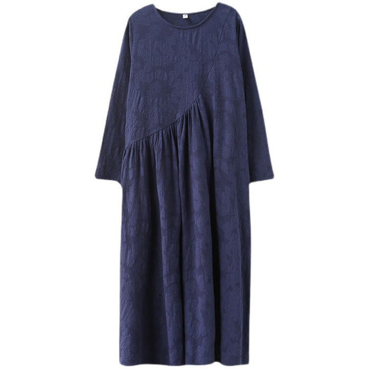 Buddha Stonesシンプル ジャカード柄 長袖 コットンリネン レディース ミディドレス ポケット付き - image 28