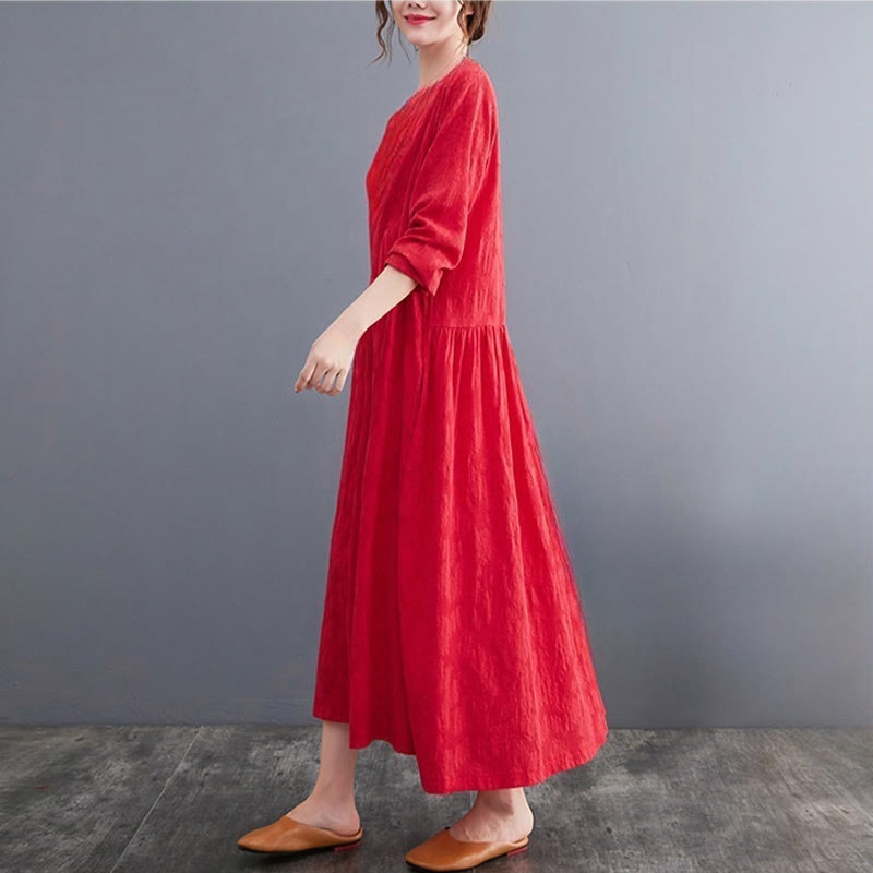 Buddha Stonesシンプル ジャカード柄 長袖 コットンリネン レディース ミディドレス ポケット付き - image 10