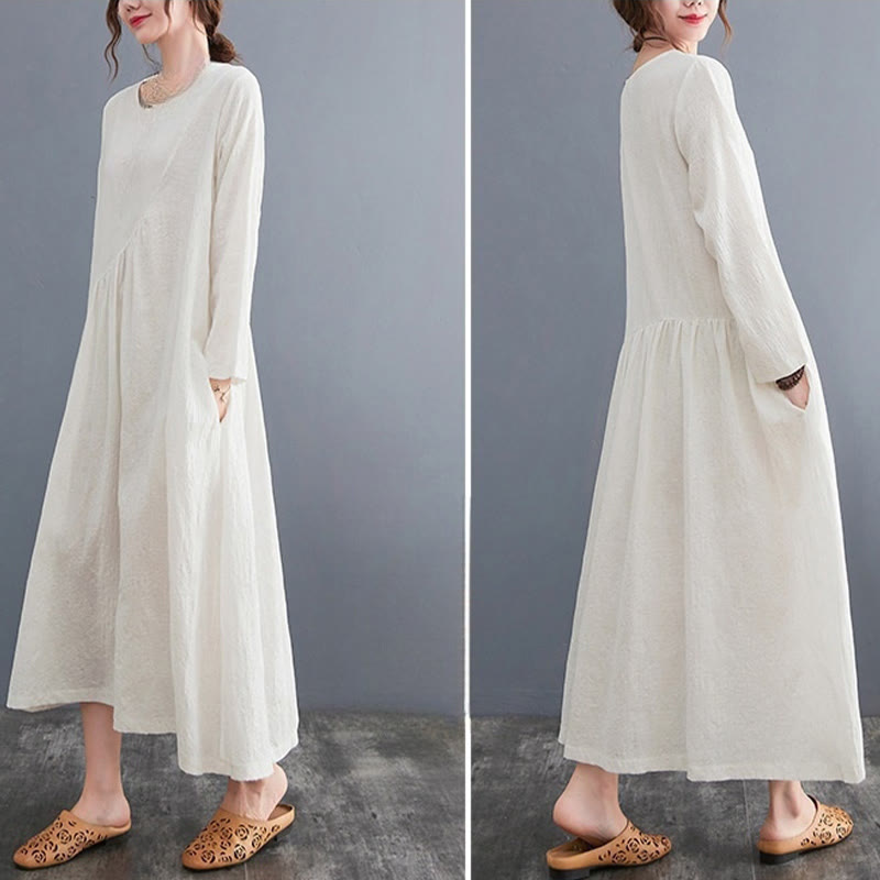 Buddha Stonesシンプル ジャカード柄 長袖 コットンリネン レディース ミディドレス ポケット付き - image 5