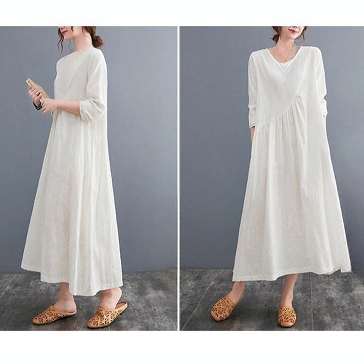 Buddha Stonesシンプル ジャカード柄 長袖 コットンリネン レディース ミディドレス ポケット付き - image 6