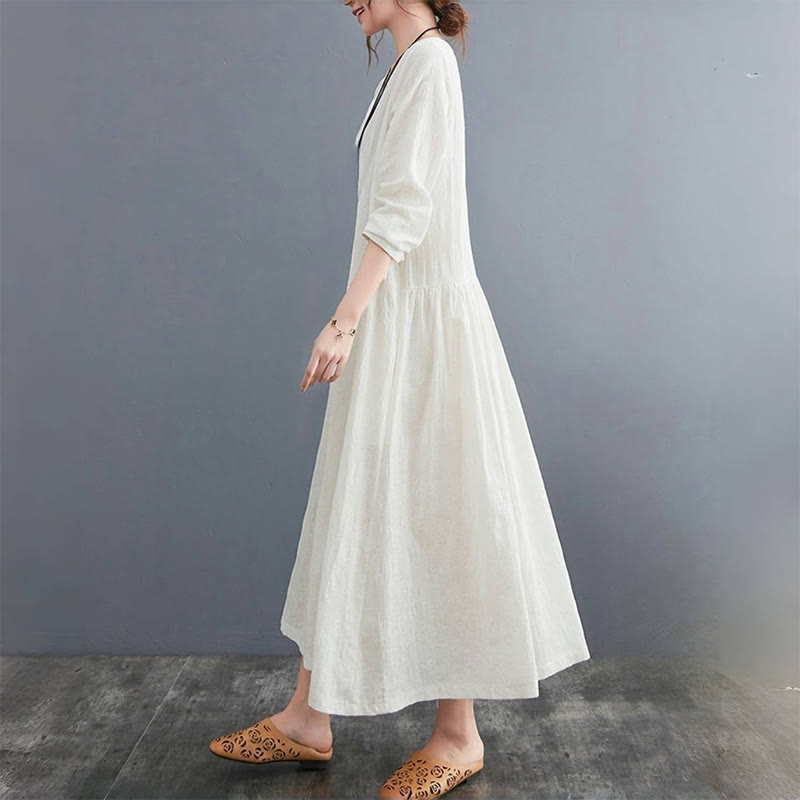 Buddha Stonesシンプル ジャカード柄 長袖 コットンリネン レディース ミディドレス ポケット付き - image 2