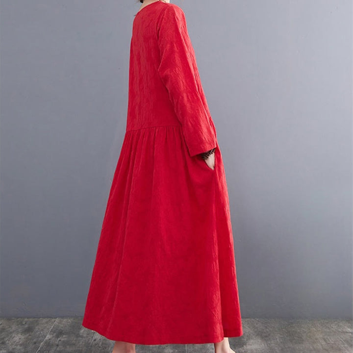 Buddha Stonesシンプル ジャカード柄 長袖 コットンリネン レディース ミディドレス ポケット付き - image 14