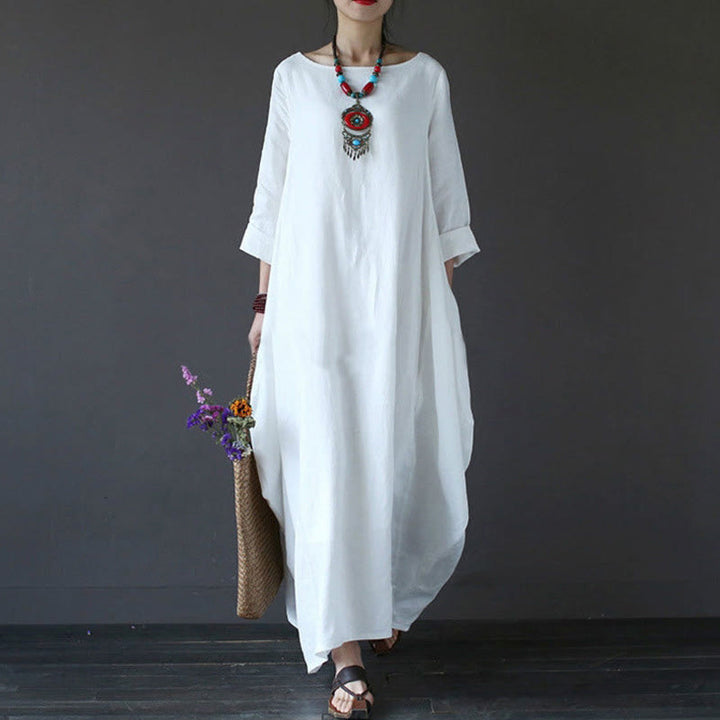 Buddha Stones無地 七分袖 コットン レディース マキシワンピース - 白 - US16、 UK/AU20、 EU48 (5XL) - image 1