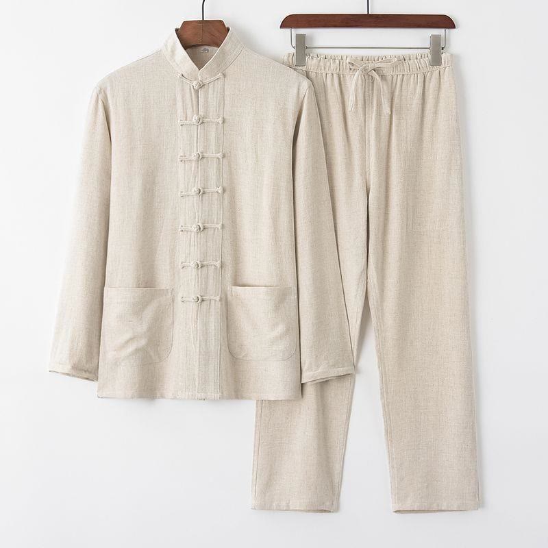 Buddha Stones 2点 唐装 カエルボタン 長袖 シャツ パンツ メンズ セット - ベージュ - US/UK/AU42、EU52（4XL） - image 0