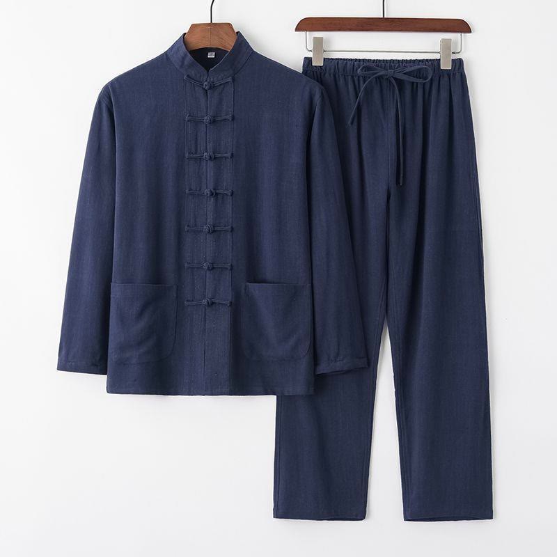 Buddha Stones 2点 唐装 カエルボタン 長袖 シャツ パンツ メンズ セット - スティールブルー - US/UK/AU42、EU52（4XL） - image 13