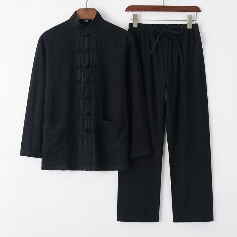Buddha Stones 2点 唐装 カエルボタン 長袖 シャツ パンツ メンズ セット - 黒 - US/UK/AU42、EU52（4XL） - image 12