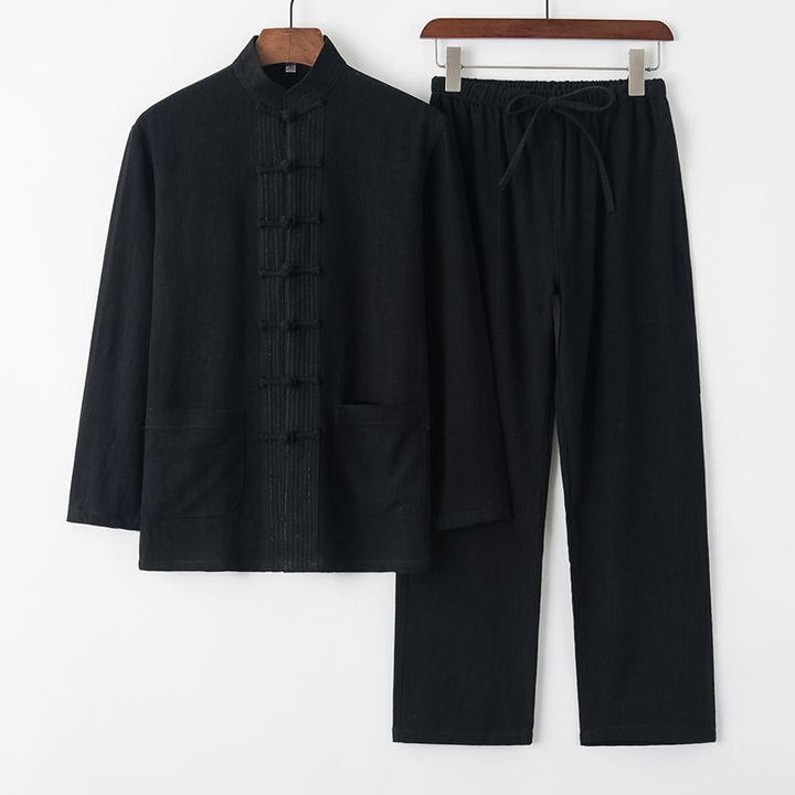 Buddha Stones 2点 唐装 カエルボタン 長袖 シャツ パンツ メンズ セット - 黒 - US/UK/AU42、EU52（4XL） - image 12