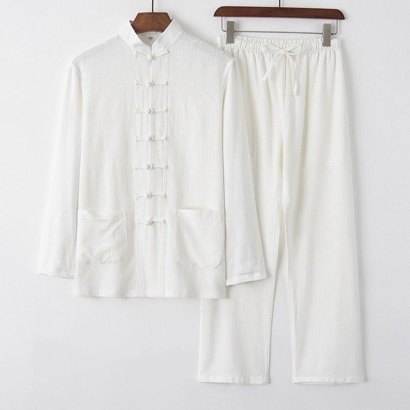 Buddha Stones 2点 唐装 カエルボタン 長袖 シャツ パンツ メンズ セット - 白 - US/UK/AU42、EU52（4XL） - image 10