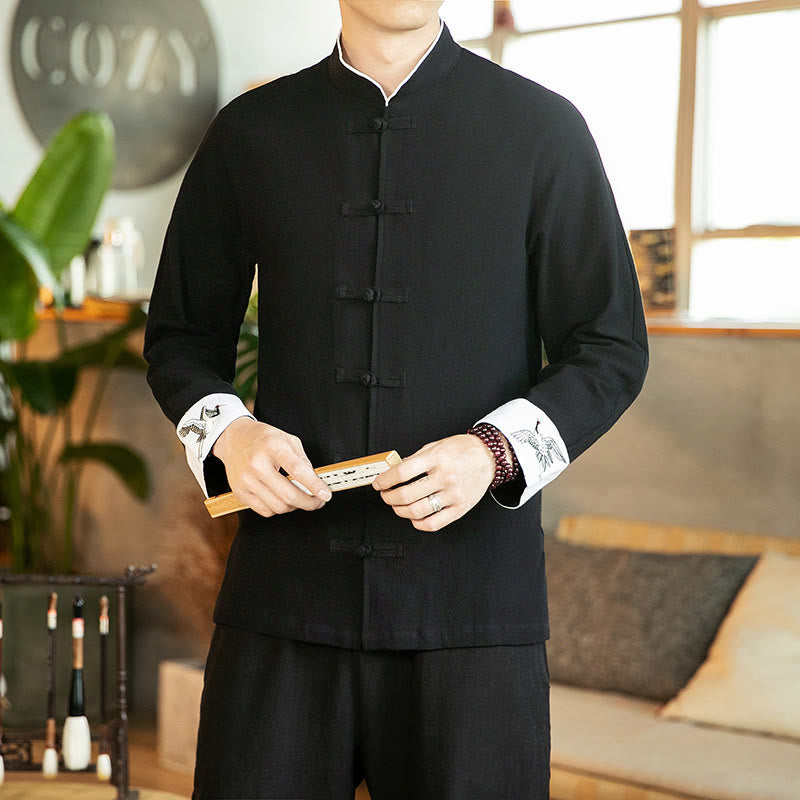 Buddha Stones唐装カエルボタン鶴刺繍長袖コットンメンズシャツ - 黒 - US/UK/AU46、 EU56 (5XL) - image 16