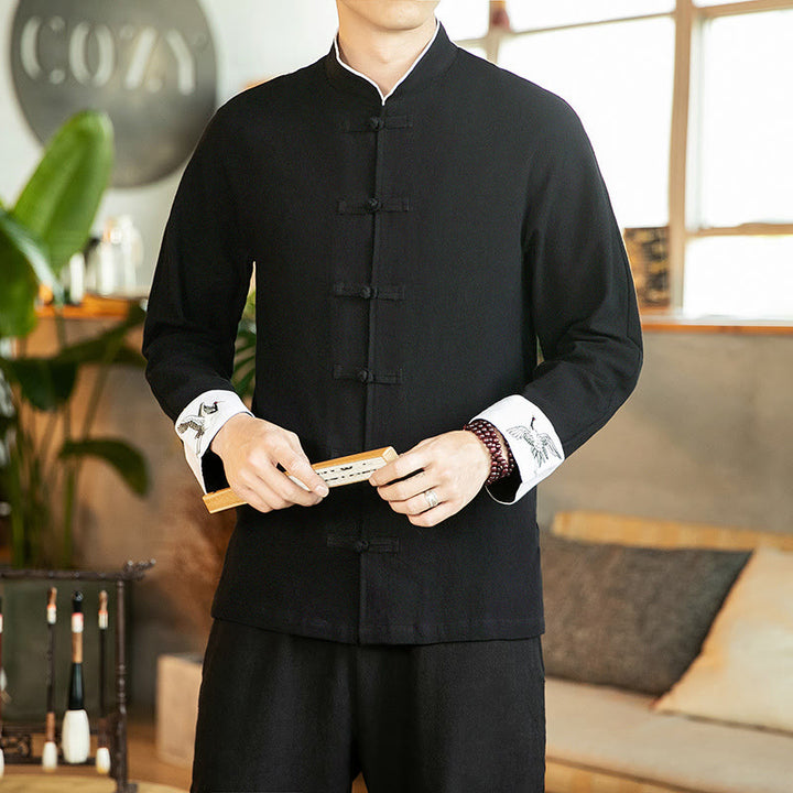 Buddha Stones唐装カエルボタン鶴刺繍長袖コットンメンズシャツ - 黒 - US/UK/AU46、 EU56 (5XL) - image 16
