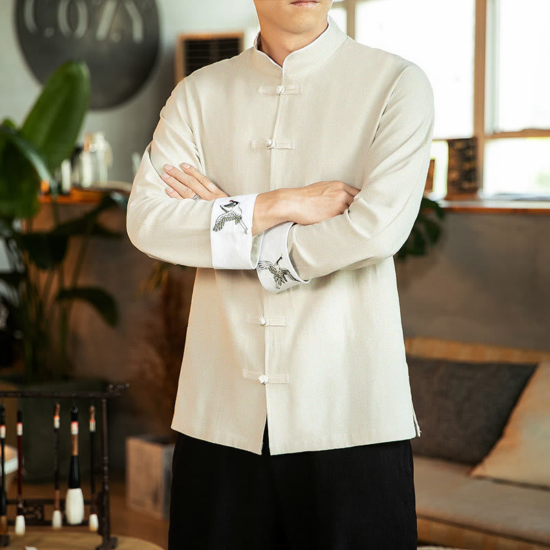 Buddha Stones唐装カエルボタン鶴刺繍長袖コットンメンズシャツ - ベージュ - US/UK/AU46、 EU56 (5XL) - image 8