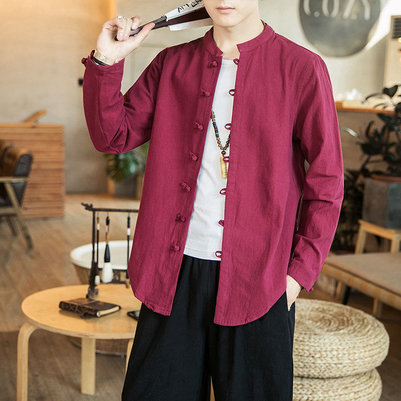 Buddha Stonesカジュアルスタンドカラーカエルボタン長袖唐装メンズシャツ - クリムゾン - US/UK/AU46、 EU56 (5XL) - image 15