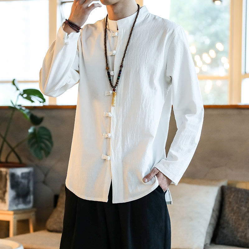 Buddha Stonesカジュアルスタンドカラーカエルボタン長袖唐装メンズシャツ - 白 - US/UK/AU46、 EU56 (5XL) - image 0