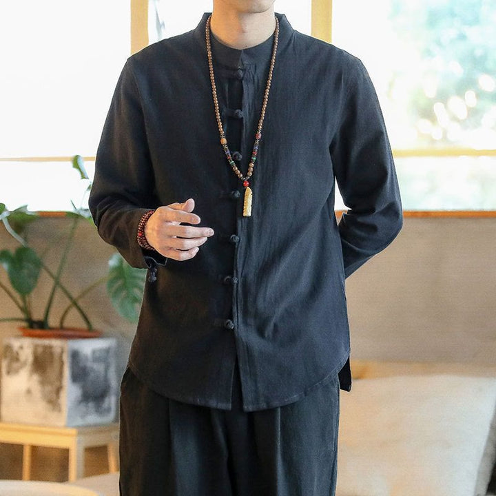 Buddha Stonesカジュアル スタンドカラー フロッグボタン 長袖 タンスーツ リネン メンズシャツ - 黒 - US/UK/AU46、 EU56 (5XL) - image 6