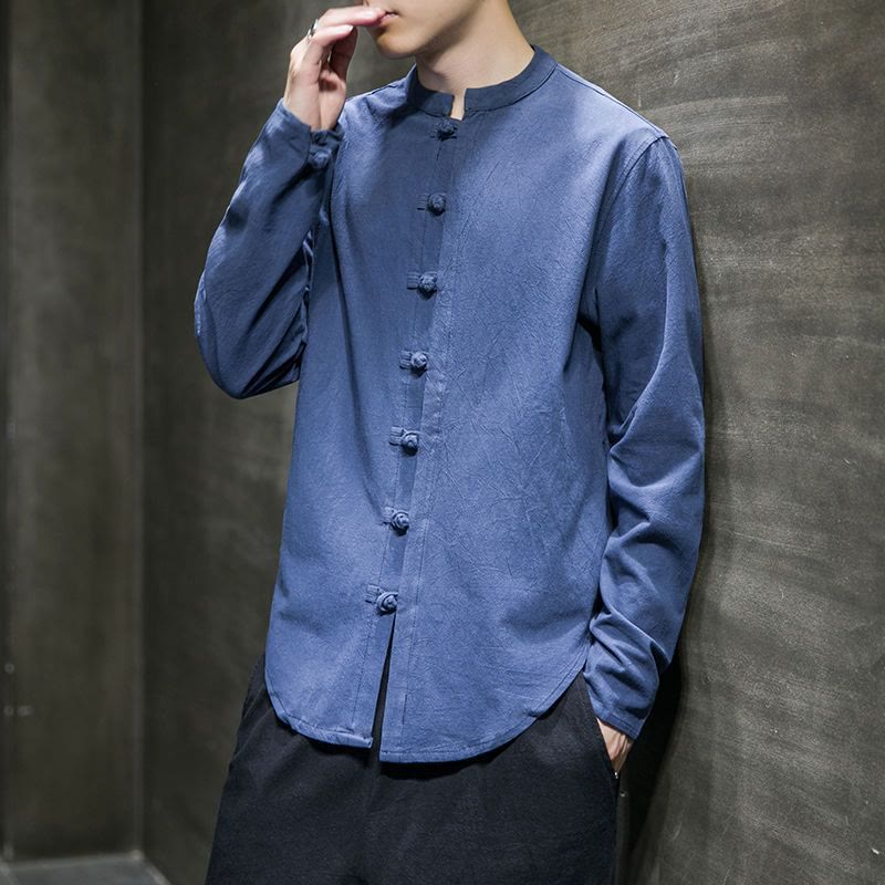 Buddha Stonesカジュアルスタンドカラーカエルボタン長袖唐装メンズシャツ - コーンフラワーブルー - US/UK/AU46、 EU56 (5XL) - image 14