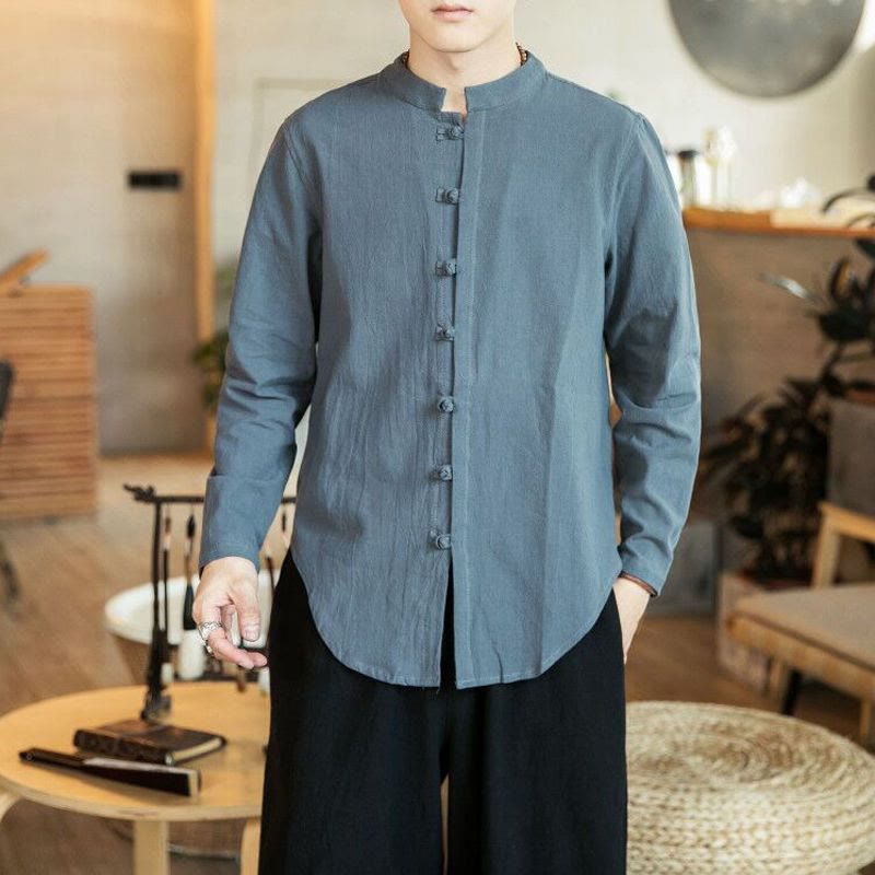 Buddha Stonesカジュアル スタンドカラー フロッグボタン 長袖 タンスーツ リネン メンズシャツ - ディムグレー - US/UK/AU46、 EU56 (5XL) - image 10